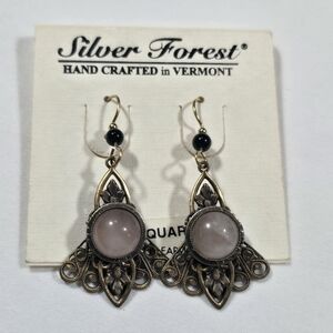 Silver Forest Rose Quartz Brass Hand Crafted Dangle Earrings made USA - NEW